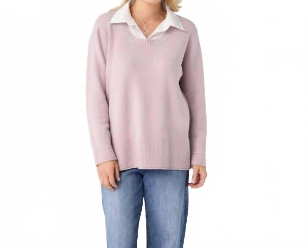 NEW COCO + CARMEN heavenly luxe crew neck sweater with woven collar in blush lav